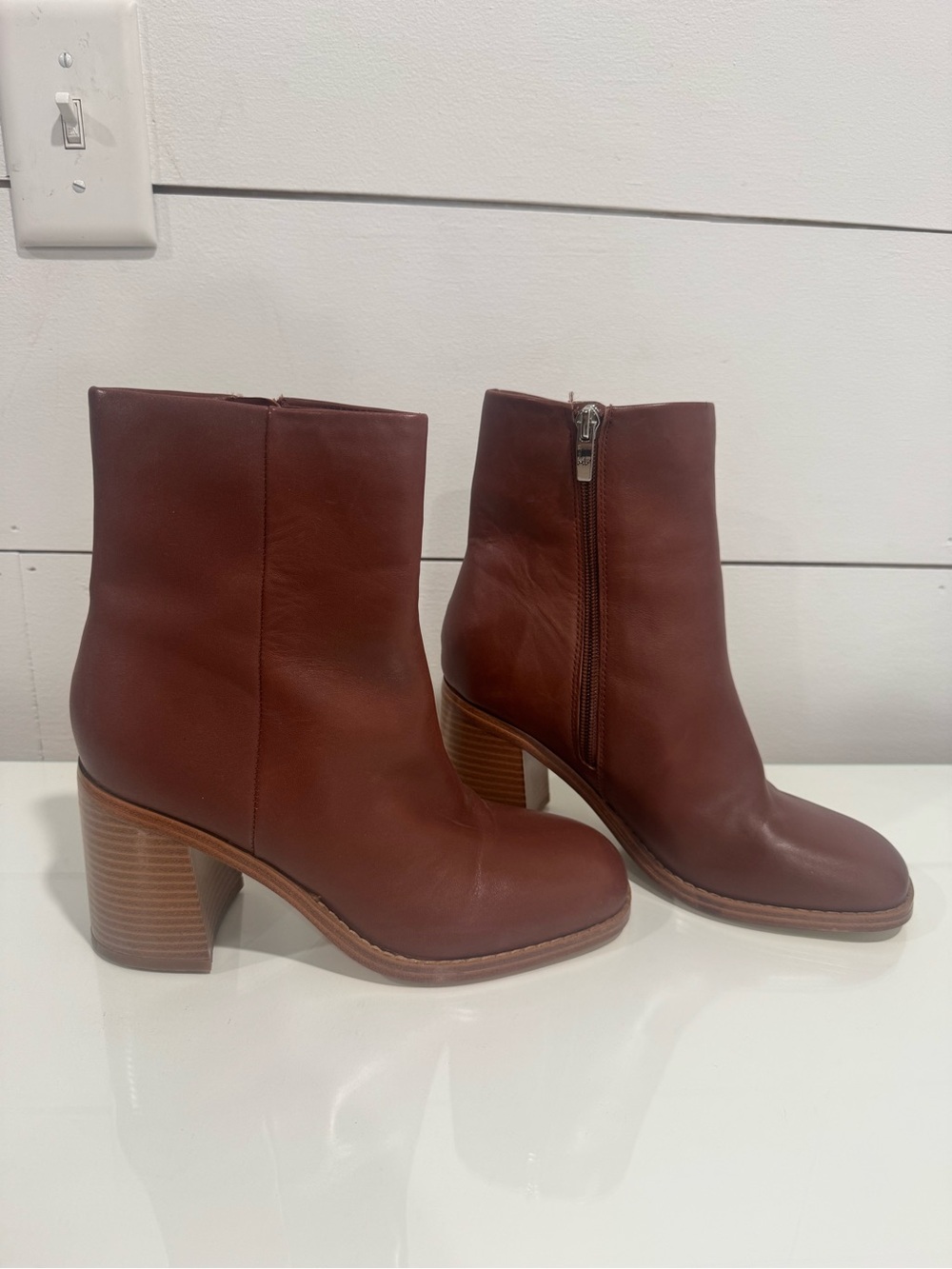 Women's Brown Leather Block Heel Ankle Boots